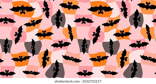 Fun Halloween Seamless Vector Pattern with Cartoon Bats, Distorted Warped Checked Plaid Background in Orange, Pink, Gray