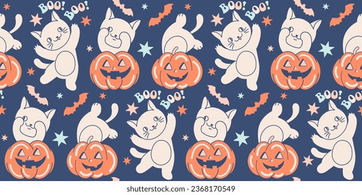 Fun Halloween seamless wallpaper. Naughty cats and pumpkins. Day of the Dead concept. Tile Feline backdrop for Halloween wrapping paper or fabric. Adorable kittens on spooky fall themed background.