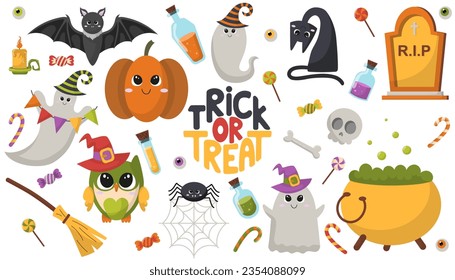 Fun halloween set of elements for kids. Happy Halloween stickers and illustrations. Ghosts, cat,  bat, pumpkin, candy, owl, spider, monument, scull, bone, cauldron, flasks with potion, eyes, broom.