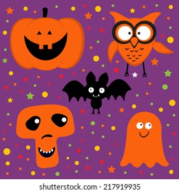 Fun Halloween set with pumpkin, owl, bat, ghost and skull