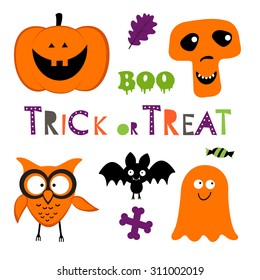 Fun Halloween set with pumpkin, owl, bat, ghost and skull. vector illustration