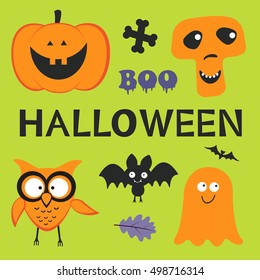 Fun Halloween set with pumpkin, owl, bat, ghost and skull.