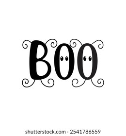 Fun Halloween Typography Boo with Cartoon Ghost Easy to edit vector template for T-shirts, hoodies, mugs, tumblers tote bags, phone cases