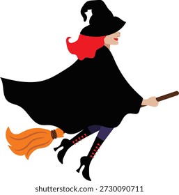 Eine lustige Halloween-Vektorgrafik einer fröhlichen rothaarigen Hexe, die auf einem Besenstiel fliegt. Mit einem schwarzen Mantel, spitzen Hut und stylischen Stiefeln mit orangefarbenen Schnürsenkeln ist dieses verspielte Design ideal für Halloween-Karten, Poster, Einladungen und saisonale Grafiken.