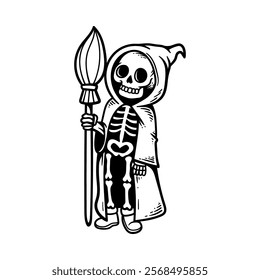 fun Halloween wizard skeleton cartoon character isolated drawing line art style sketch classic vintage design illustration