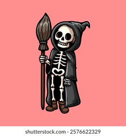 fun Halloween wizard skeleton cartoon colored character isolated drawing line art style sketch classic vintage design illustration