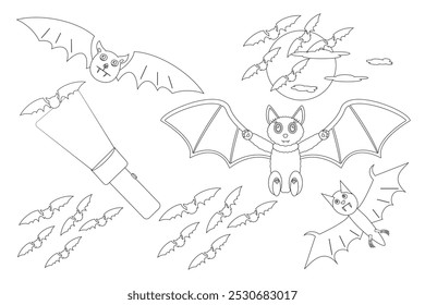 Fun Halloween-themed coloring page with bats, a cute bat character, and a full moon. Perfect for kids holiday activities.