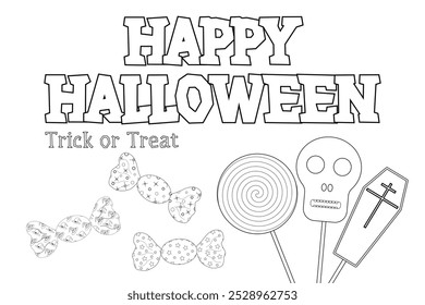 A fun Halloween-themed coloring page featuring various candies, a lollipop, and a spooky Happy Halloween banner. Perfect for children to color.