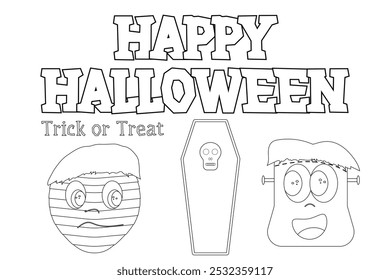 Divertida página para colorear con temática de Halloween con una momia, ataúd y texto de Feliz Halloween. Ideal para actividades infantiles y diversión de vacaciones.