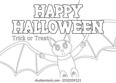 A fun Halloween-themed coloring page featuring a cute bat and Happy Halloween text. Perfect for kids activities and festive projects.