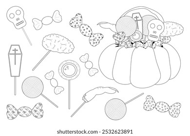 Fun Halloween-themed coloring page featuring spooky candies, lollipops, and sweets in a pumpkin. Perfect for creative Halloween activities.