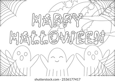 Fun Halloween-themed coloring page featuring cute ghosts, bats, spiderwebs, and a festive Happy Halloween message.