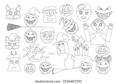 Fun Halloween-themed coloring page featuring cute monsters, pumpkins, bats, witches, and haunted houses. Perfect for kids activities.