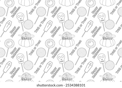 A fun Halloween-themed coloring page with a seamless pattern of candy, lollipops, and spooky treats. Perfect for kids creative activities.