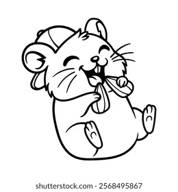 fun hamster boy eating sunflower seed cartoon character isolated drawing line art style sketch classic vintage design illustration