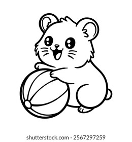 fun hamster playing ball cartoon character isolated drawing line art style sketch classic vintage design illustration