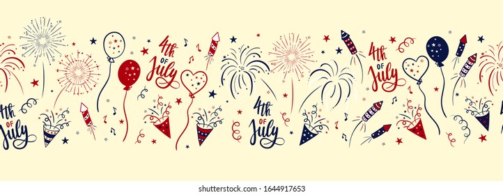 Fun hand drawn 4th July party horizontal seamless pattern, great for banners, wallpapers, textiles, wrapping, cards - vector design