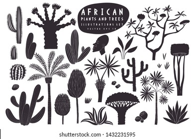 Fun hand drawn African plants illustration set. Cactuses, palms, exotic trees vector illustrations. Linocut cute style.