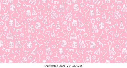 Fun hand drawn baby party seamless background with cakes, gift boxes, balloons and party decoration. Great for birthday parties, textiles, banners, wallpapers, wrapping - vector design