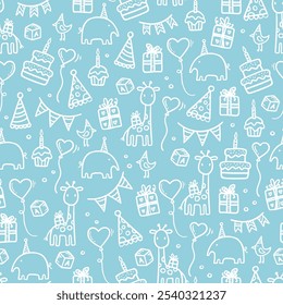 Fun hand drawn baby party seamless background with cakes, gift boxes, balloons and party decoration. Great for birthday parties, textiles, banners, wallpapers, wrapping - vector design