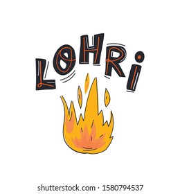 Fun hand drawn card, invitation, banner design with Lohri lettering text and bonfire. Trendy vector illustration on isolated background.