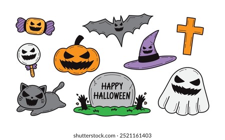 Spaß handgezeichnete Cartoon Grafik Vektorgrafik-Set in Halloween-Konzept