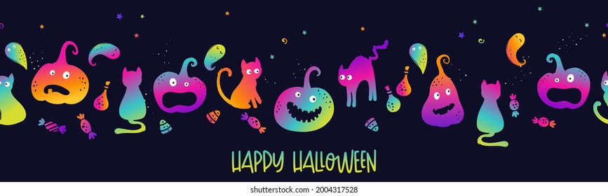Fun hand drawn cats, cute halloween seamless pattern,  great as background, textiles, banners, wallpapers, wrapping - vector design
