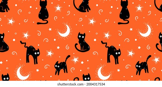 Fun hand drawn cats, cute halloween seamless pattern,  great as background, textiles, banners, wallpapers, wrapping - vector design
