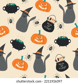 Fun hand drawn cats, cute halloween seamless pattern, great as background, textiles, banners, wallpapers, wrapping - vector design
