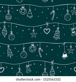 Fun hand drawn christmas baubles seamless pattern, christmas tree ornaments hanging on branches with ribbons - vector surface design