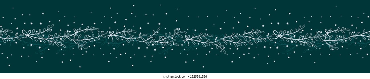 Fun hand drawn christmas branches seamless pattern with stars and ribbons - vector surface design