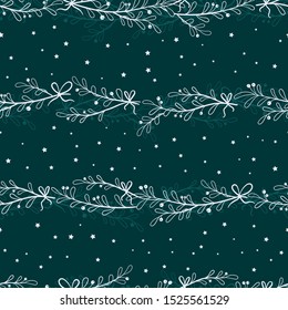 Fun hand drawn christmas branches seamless pattern with stars and ribbons - vector surface design