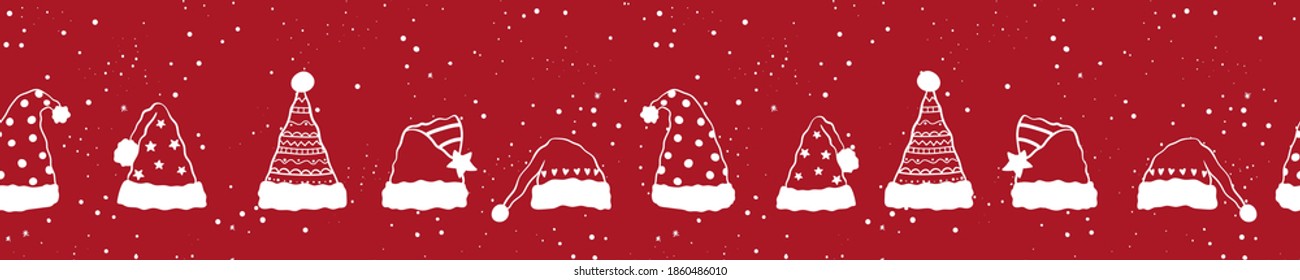 Fun hand drawn christmas horizontal seamless pattern with cute santa hats, great for textiles, banners, wallpapers, wrapping - vector design 