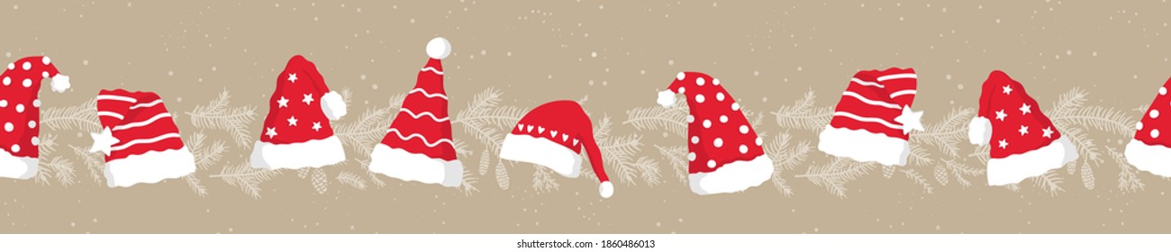 Fun hand drawn christmas horizontal seamless pattern with cute santa hats, great for textiles, banners, wallpapers, wrapping - vector design 