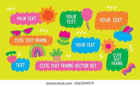 fun hand drawn colorful fluffy text frame and cute teenage style cheerful graphic element vector set