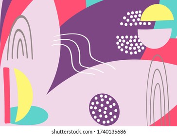 Fun hand drawn colorful shapes, doodle objects and lines, dots collage, modern trendy abstract pattern background for design. Pink yellow blue purple pastel colors