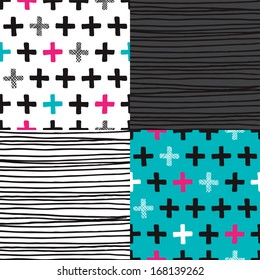 Fun hand drawn cross and stripes scandinavian geometric background pattern in vector