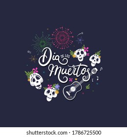 Fun hand drawn Dia de los Muertos "Day of the Dead" design with type and decoration.