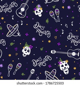 Fun hand drawn Dia de los Muertos "Day of the Dead" seamless pattern, great for textiles, banners, wallpapers, wrapping - vector design