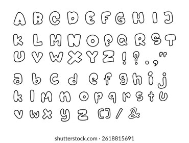 Divertido mão desenhado doodle alfabeto com letras e símbolos, perfeito para projetos e desenhos infantis.