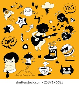 Fun hand drawn doodle collection featuring quirky characters, music symbols, emojis, and random objects like burgers, rockets, and stars on a yellow background.