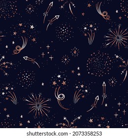 Fun hand drawn doodle fireworks, seamless pattern, great for textiles, wrapping, banner, wallpapers - vector design