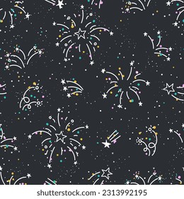Fun hand drawn doodle fireworks, seamless pattern, great for textiles, wrapping, banner, wallpapers - vector design