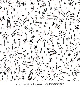 Fuegos artificiales de doodle dibujados a mano, sin soldadura, genial para textiles, envoltura, pancarta, papel pintado - diseño vectorial