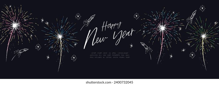 Artificios de doodle dibujados a mano divertidos y Felices Saludos de Año Nuevo - estupendos para textiles, envoltura, banner, papel pintado - diseño vectorial