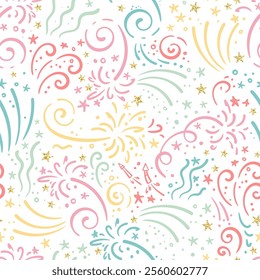 Fun hand drawn doodle fireworks, seamless pattern, great for textiles, wrapping, banner, wallpapers - vector design