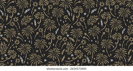 Fogos de artifício divertidos desenhados à mão, padrão sem costura, ótimo para têxteis, envoltório, banner, papéis de parede - design vetorial
