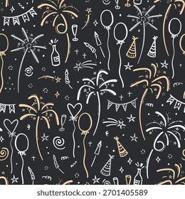 Divertidos fuegos artificiales dibujados a mano, patrón sin fisuras, ideal para textiles, envoltura, Anuncio, Fondos de pantalla - diseño de Vector
