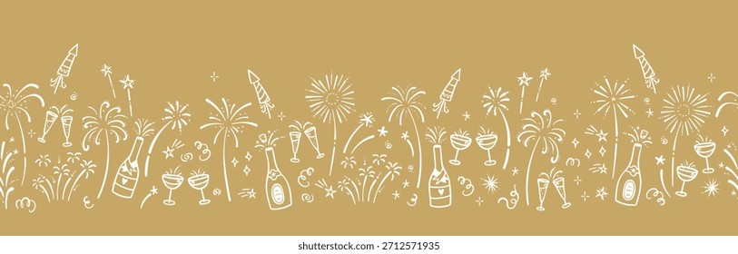 Divertidos fuegos artificiales dibujados a mano y garabatos de fiesta de Año Nuevo, patrón sin fisuras, ideal para textiles, envoltura, Anuncio, Fondos de pantalla - diseño de Vector
