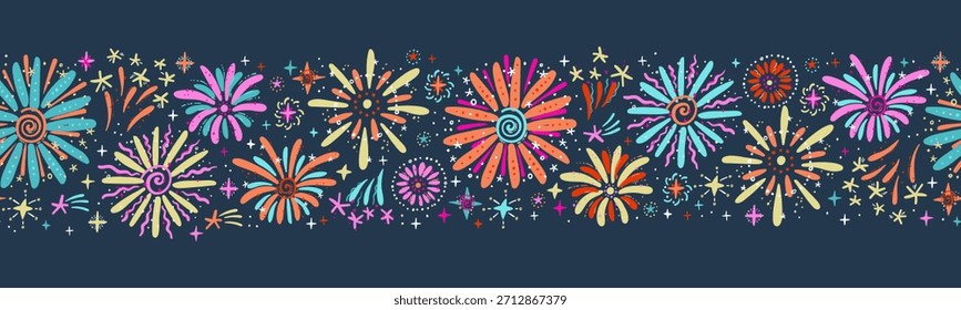 Divertidos fuegos artificiales dibujados a mano, patrón sin fisuras, ideal para textiles, envoltura, Anuncio, Fondos de pantalla - diseño de Vector